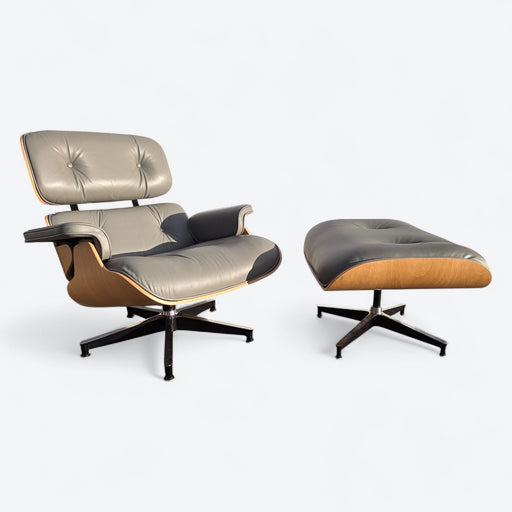 Front angled view of grey and oak Eames Lounge Chair and Ottoman