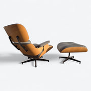 Rear angled view of grey and oak Eames Lounge Chair and Ottoman