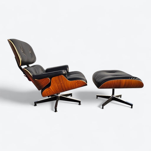 Right side view of black and santos tall Eames Lounge Chair and Ottoman