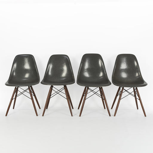 Front view of set of 4 Elephant Grey Eames Dining Side Chairs in a line