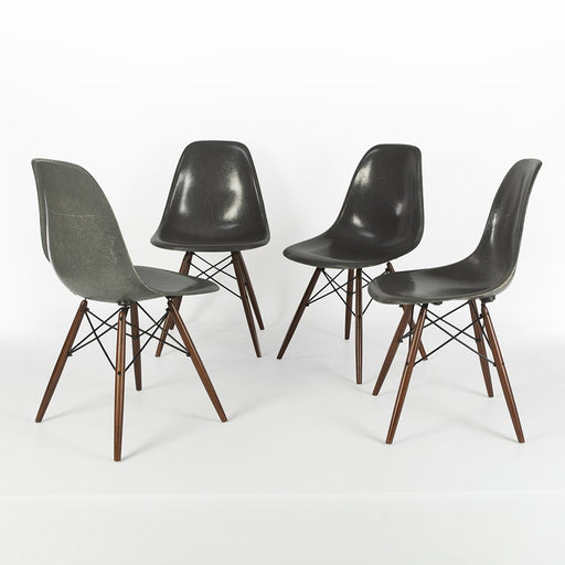 Front view of set of 4 Elephant Grey Eames Dining Side Chairs in a circle