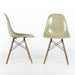 Front and right side view of grey yellow Eames Side Chairs on a white background