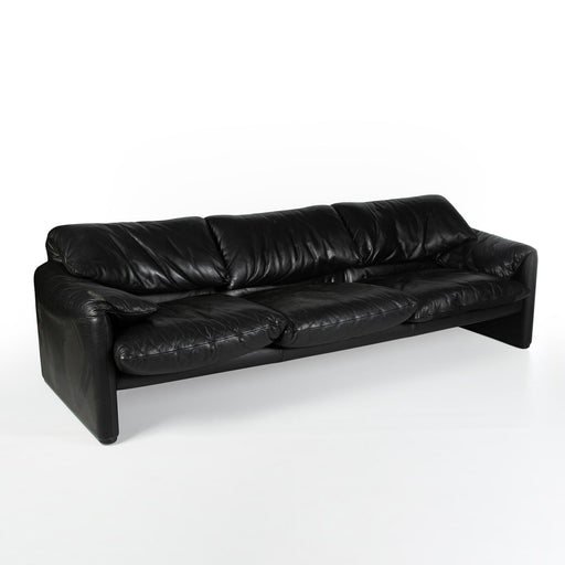 Front angled view black leather Maralunga sofa