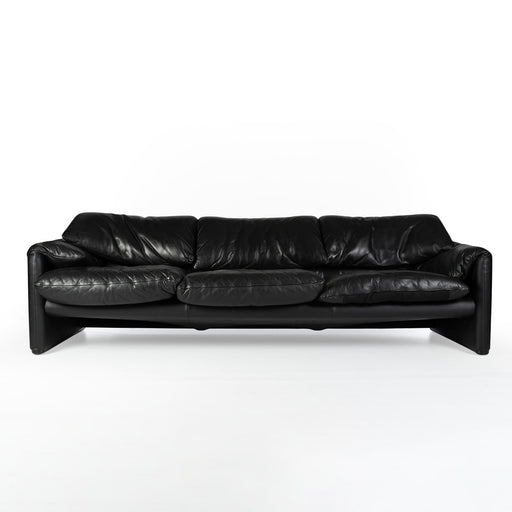 Front view black leather Maralunga sofa