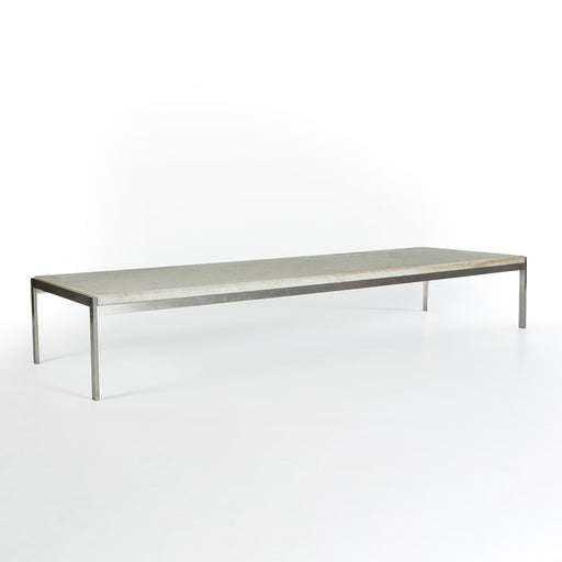 Front angled view of white marble Kjaerholm PK63 coffee table