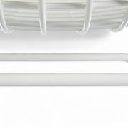 View of logo on white Bertoia barstool