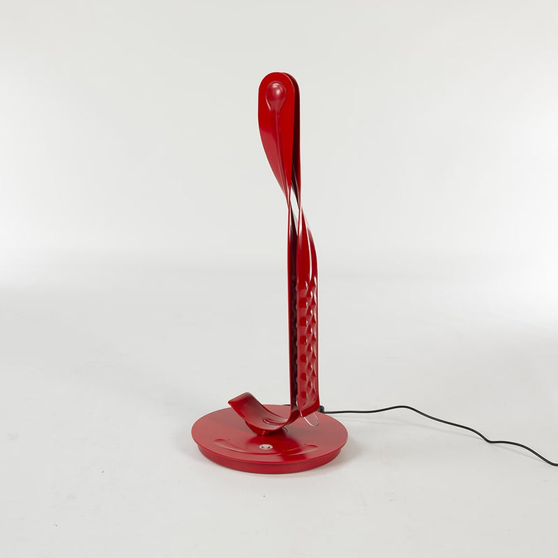 Front angled closed view of red Behars leaf lamp